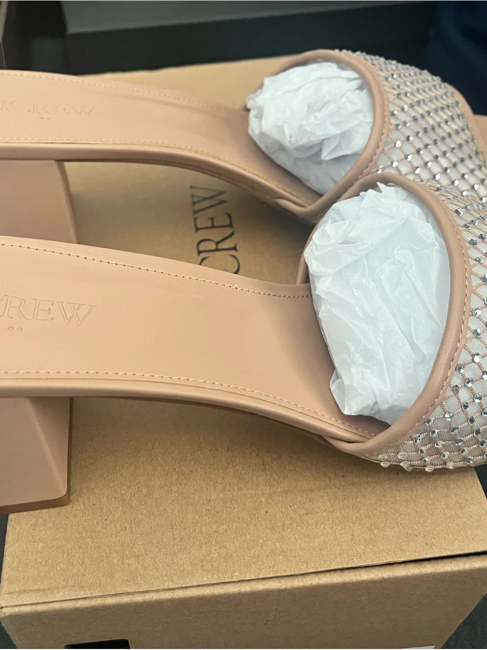NWT J.Crew Rhinestone Mesh Mule Heels Size 12 | Nude Block Heel